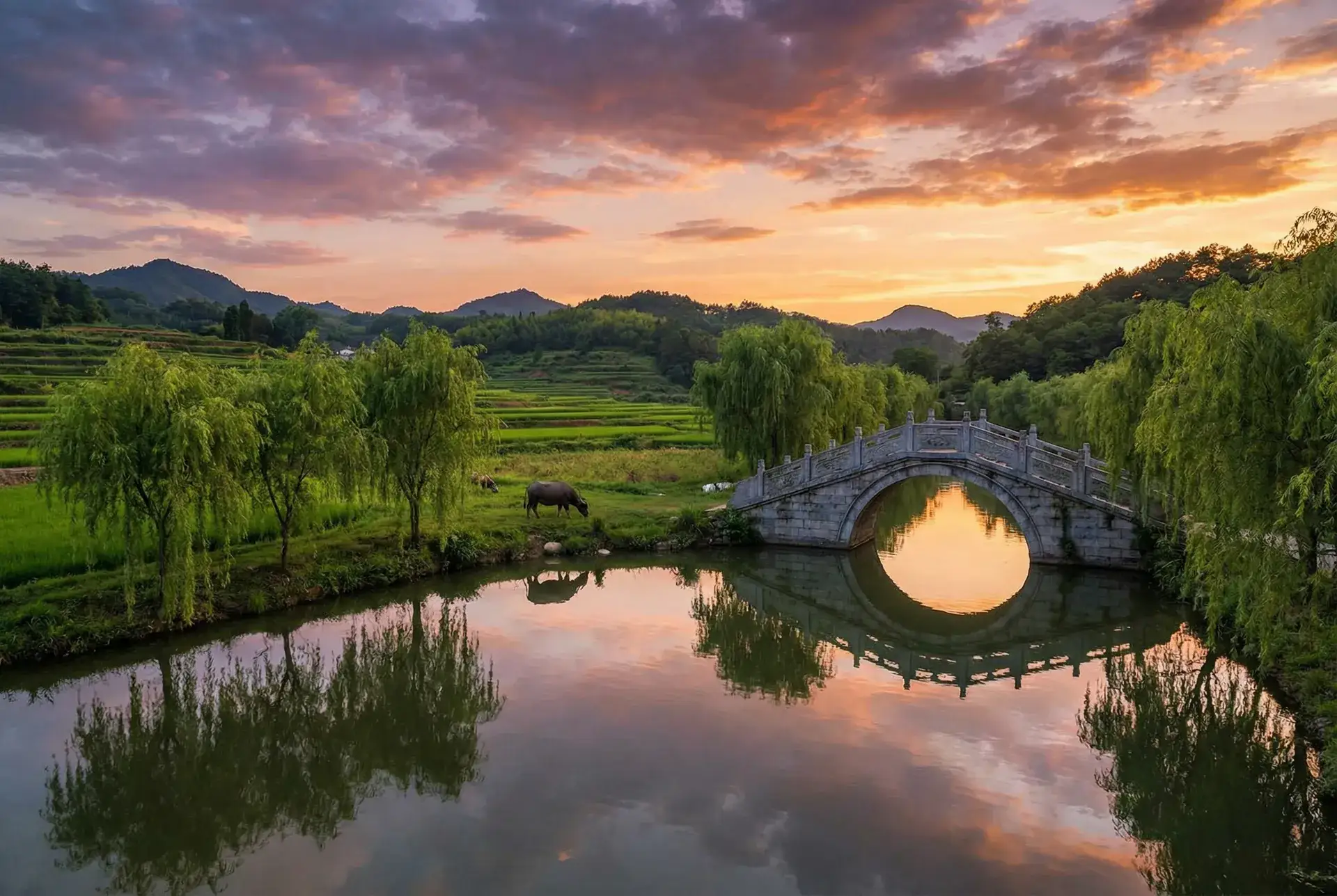 夕阳下的石拱桥与垂柳，水牛在河边吃草 - 日本B站一卡二卡乱码 乡村美景